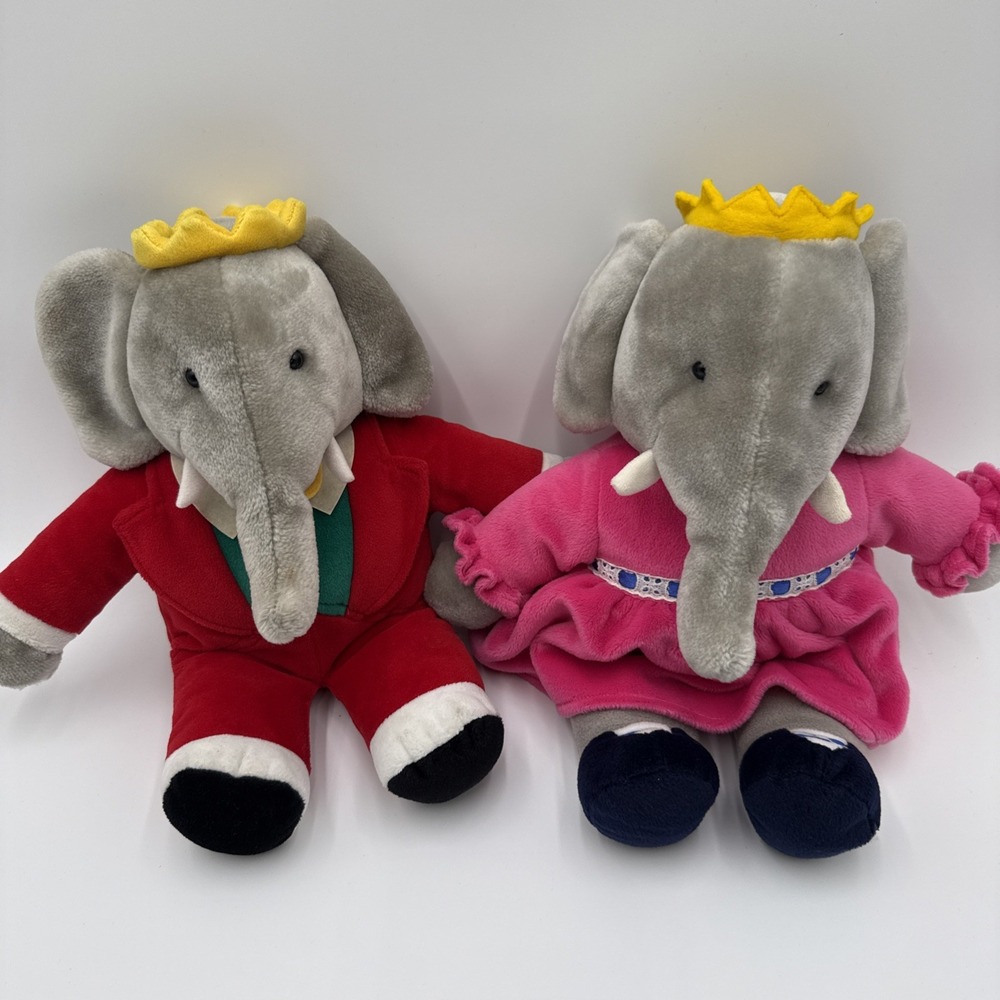 VTG 1988 GUND Babar the Elephant King & Queen Celeste Plush Set Stuffed Toy Pair